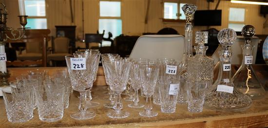 Part set of Waterford cut glass wine glasses & 5 decanters
